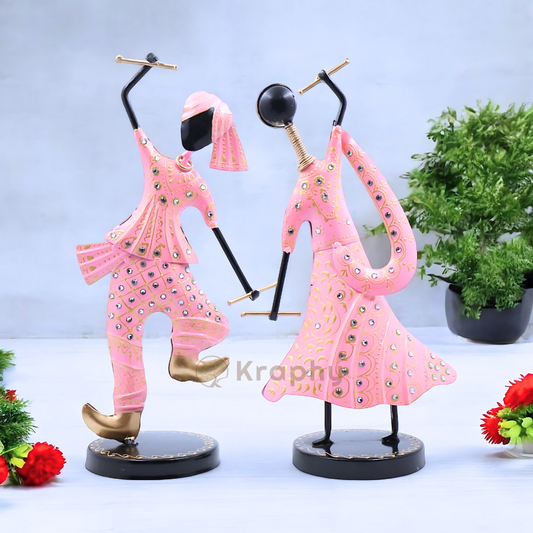 (Pack Of 2)  Pink Iron Musician Playing Garba Dandiya Showpiece