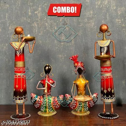 Kraphy Combo Metal Iron Tribal Lady showpieces Ladies Doll Figurine Statue Decorative Items /Tea Light Musician Showpieces Combo