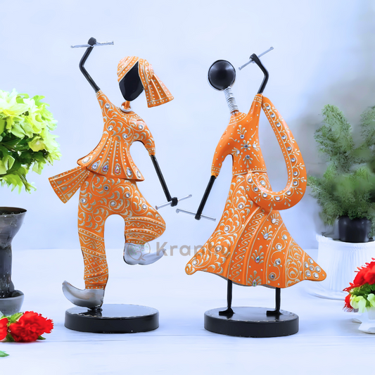 (Pack Of 2)  Orange Iron Musician Playing Garba Dandiya Showpiece