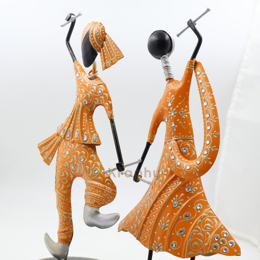 (Pack Of 2)  Orange Iron Musician Playing Garba Dandiya Showpiece