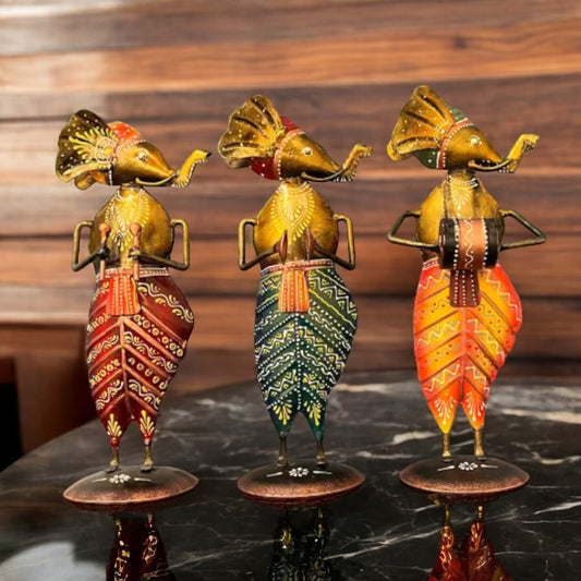 Kraphy Standing Musical Ganesh Showpiece - (Iron, Multicolor) Set Of 3