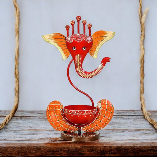 Kraphy Orange Metal Ganesha Tea-Light Showpiece