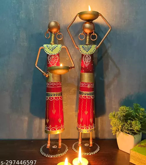 Metal Wrought Iron Tribal Lady showpieces Ladies Doll Figurine Statue Decorative Items | Show Pieces for Home Decor Stylish Living Room Tea Light Stand Golden