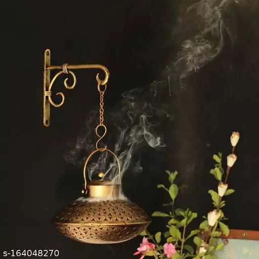 Kraphy Metal Wall Art Dhoop Degachi and candle Holder Wall Hanging With Wall Bracket And Bells 9X9X6 Inch