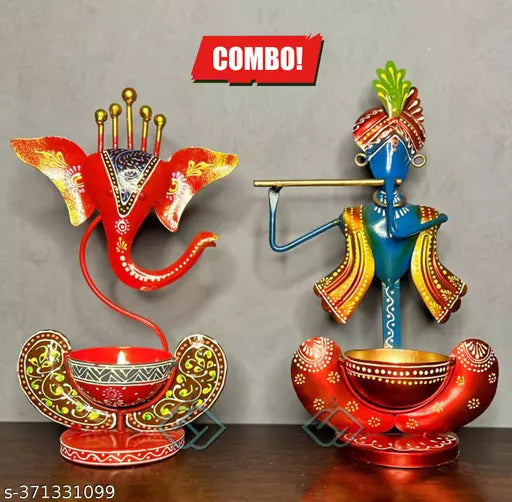 Kraphy Metal Ganesha And Krishna T light/Diya Holder Decorative Showpiece Combo Set