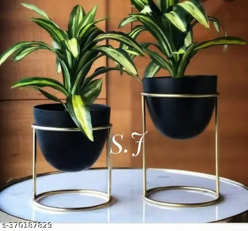 SM India Metal Egg Pot with Tri Stand Black Design Plant Pot, Pack of 2 | Black Flower Indoor Planter | Living Room Outdoor Garden | Office Desk Pot with Gold