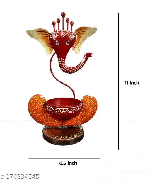 Kraphy Orange Metal Ganesha Tea-Light Showpiece