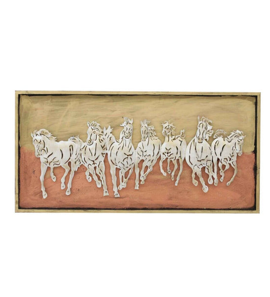 Seven Horse Brown Iron & Wooden Led Wall Art